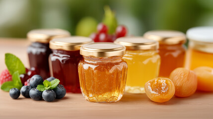 Assorted Jams and Honey in Glass Jars with Fresh Fruits and Mint on Wood Surface
