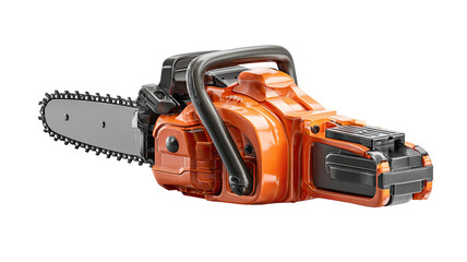Orange and gray chainsaw, angled view, showing chain and handles