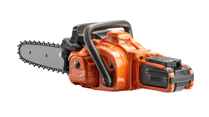 Orange and gray chainsaw, angled view, showing chain and handles