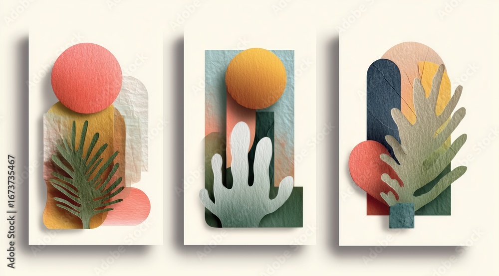 Poster abstract art collection: a set of three vivid and artistic pieces, showcasing diverse shapes and col