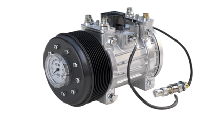 Automotive air conditioning compressor, metallic gray, with gauge and hoses