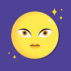 Cartoon moon character on night sky. Celestial moon icon in flat style. Vector illustration