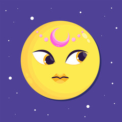 Fototapeta premium Flat moon character with a crescent diadem. Cartoon moon. Vector illustration