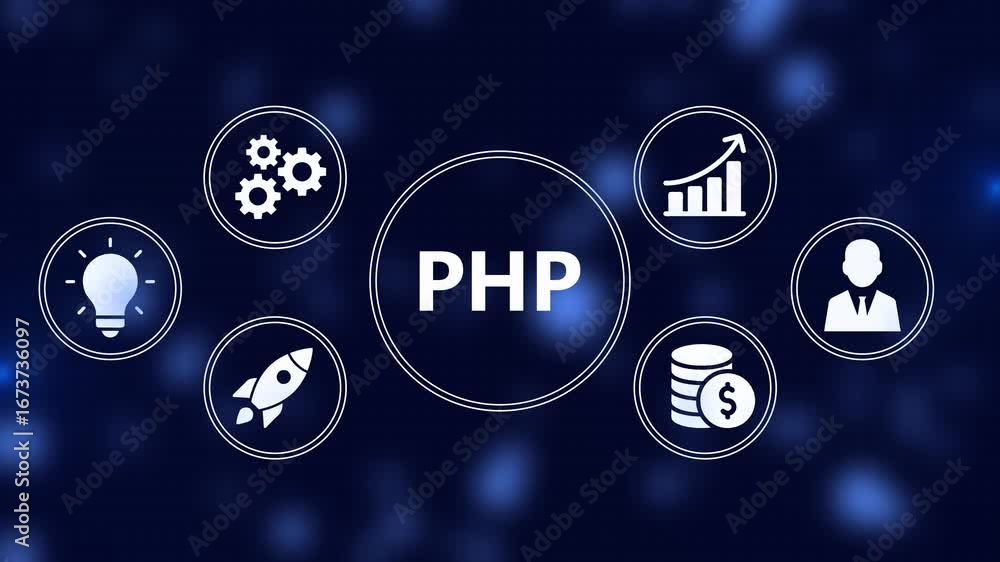 Poster dynamic php illustration with business concepts and circular icon representations