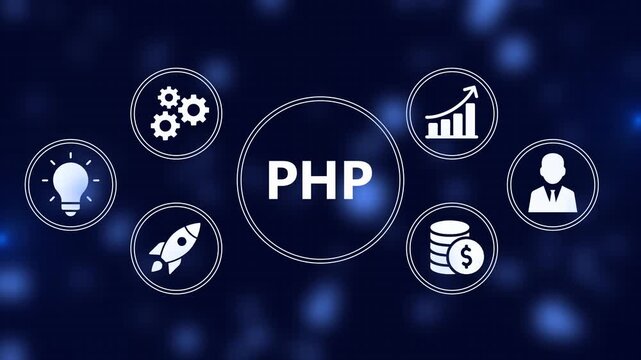 Dynamic php illustration with business concepts and circular icon representations