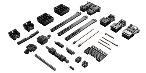 Detailed 3D model of numerous gray mechanical components, arranged in an exploded view