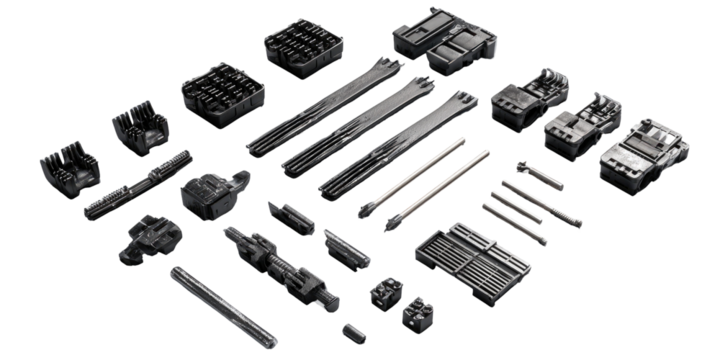 Detailed 3D model of numerous gray mechanical components, arranged in an exploded view