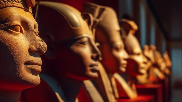 Ancient Pharaoh Busts: Intricately carved busts of pharaohs stand in a solemn row, illuminated by a soft light, evoking the grandeur of a distant time.