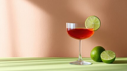 Vibrant cocktail in a glass garnished with lime slices, placed on a green surface against a soft peach background, showcasing refreshing beverage aesthetics and inviting ambiance