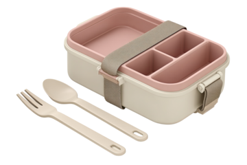 A light beige and blush pink lunchbox with dividers and straps.  Includes a matching set of utensils