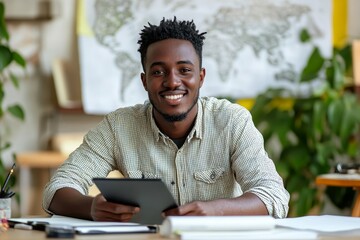 Portrait of smiling young man designer, engineer, or architect sitting in the office behind a notebook, working, drawing, or creating designs on the tablet he holds in his hands, Generative AI