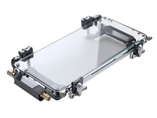 Clear protective case for a smartphone, with adjustable mounts. Clear, robust, and functional design