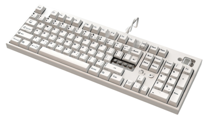 White keyboard, angled view, showing keys and layout