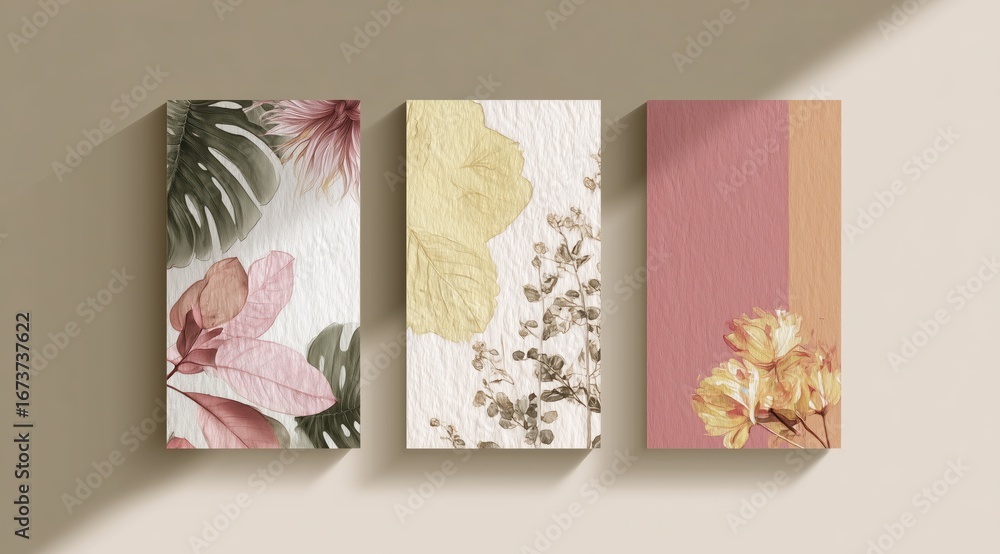 Poster botanical harmony: a collection of three artfully designed rectangular panels, each showcasing uniqu