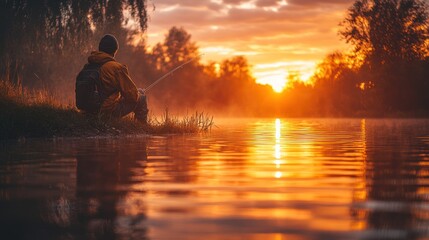 Fisherman sunset riverbank autumn fishing morning mist