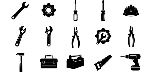 Vector art of assorted black and white tool icons for construction and repair