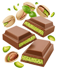 Milk chocolate squares with green pistachio filling and whole pistachios, close-up of sweet confectionery snack for dessert or gift