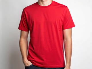 Red t-shirt mockup. Casual adult male wearing a plain red short-sleeve T shirt against a light neutral background.