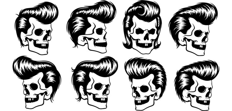 Vector art of nine skull illustrations with elvis hairstyles