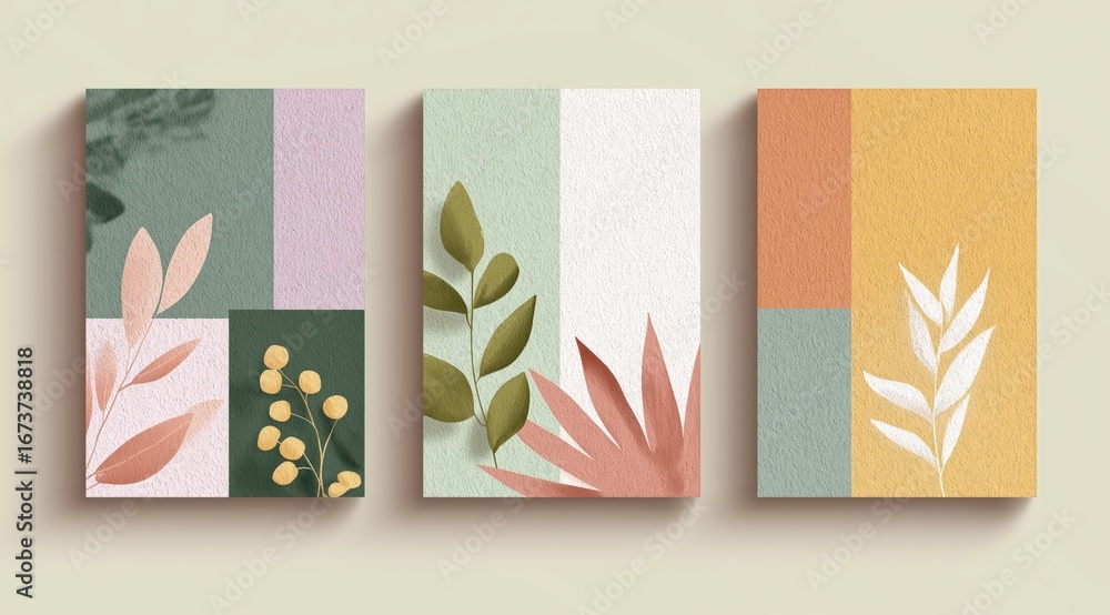 Poster botanical harmony: a collection of three elegantly crafted abstract paintings, each showcasing a uni