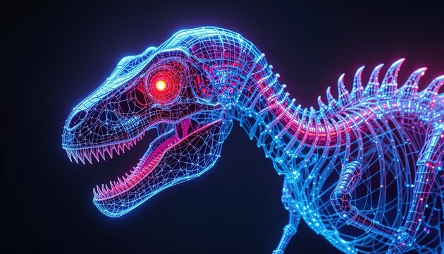 A digital rendering of a dinosaur skeleton, showcasing its intricate network of glowing lines in vibrant blue and pink hues, against a dark backdrop.