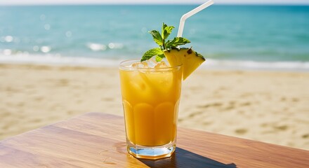 Obraz premium A refreshing tropical cocktail with pineapple slice on a sunny beach