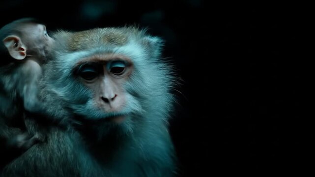 Mother monkey and Baby: A tender moment captured as a monkey cradles her baby, showcasing a bond of love and protection. This striking shot captures a sweet scene.