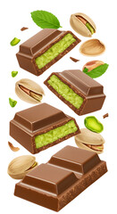 Chocolate bar with pistachio filling and pistachio nuts with shells scattered, sweet dessert concept