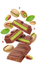 Chocolate bar with pistachio filling and whole pistachios with green leaves floating on white background, perfect for dessert or snack advertisements