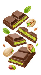 Chocolate bars filled with pistachio cream surrounded by pistachio nuts and leaves, perfect for dessert and snack visuals