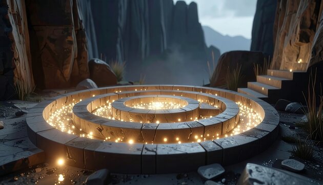 Mysterious stone labyrinth with glowing lights, inviting exploration and wonder - Powered by Adobe