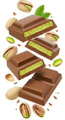Chocolate bars filled with pistachio cream surrounded by whole and shelled pistachios with green leaves, perfect for dessert menus and confectionery ads