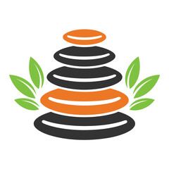 Stacked stones with green leaves balanced on white background meditation