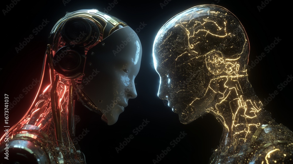 Poster two robotic figures engage in a silent confrontation showcasing advanced artificial intelligence con