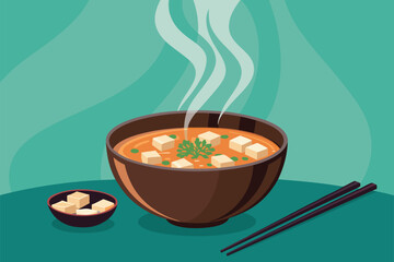 A warm, inviting poster background featuring a steaming bowl of miso soup, garnished with scallions.