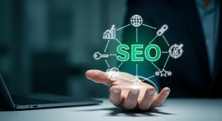 Fototapeta premium SEO Strategy Hand Digital Marketing Business Concept