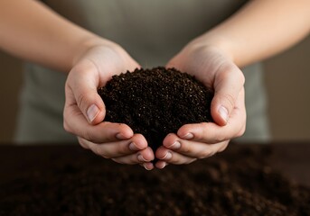 Hands Holding Rich Soil for Gardening. Generative Ai
