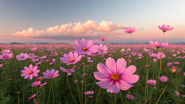 Field of pink cosmos flowers at sunset with soft clouds in the sky pink flowers flower field