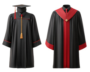 Black graduation gown academic robe mortarboard cap red trim gold tassel formal attire education ceremony achievement isolated on transparency background