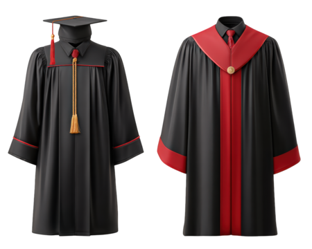 Black graduation gown academic robe mortarboard cap red trim gold tassel formal attire education ceremony achievement isolated on transparency background