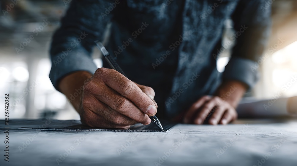 Poster engineer examining construction blueprint with caliper in hand