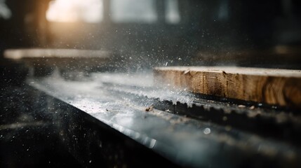 Table saw cutting wood with precision and sharp focus