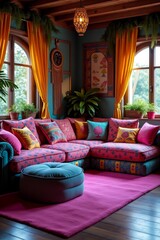 Vibrant bohemian living room with patterned sofa colorful cushions