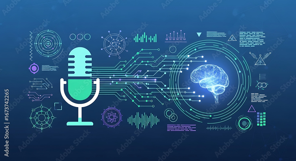 Poster illustration of a microphone connected to a brain with various tech design elements around it