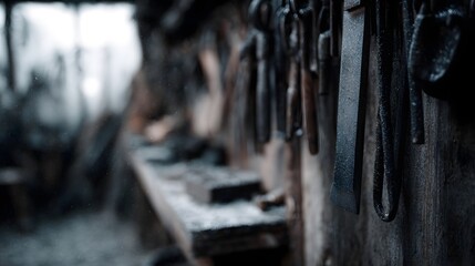 Organized workshop filled with hanging tools and sawdust