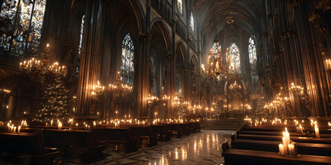 Fototapeta premium Lots of candles burning inchurch during Christmas tie. Celebrating Christmas i church. Festive church deoration.