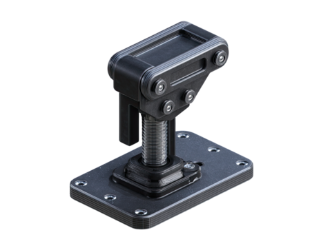 Mechanical adjustable clamp, dark gray metal, precise, industrial