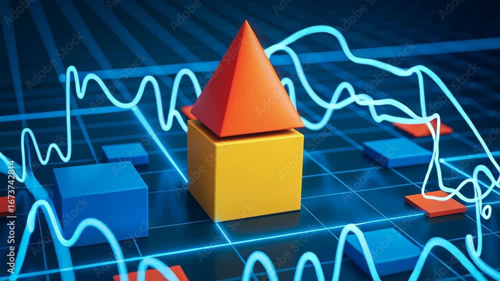 Poster business target alignment strategy with geometric cube shapes on dark grid background featuring glow