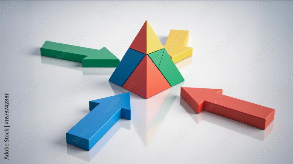 Poster business target alignment concept with arrows pointing to pyramid symbolizing strategic focus and un