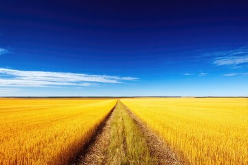 Golden field, a path through ripe grain, bright blue sky